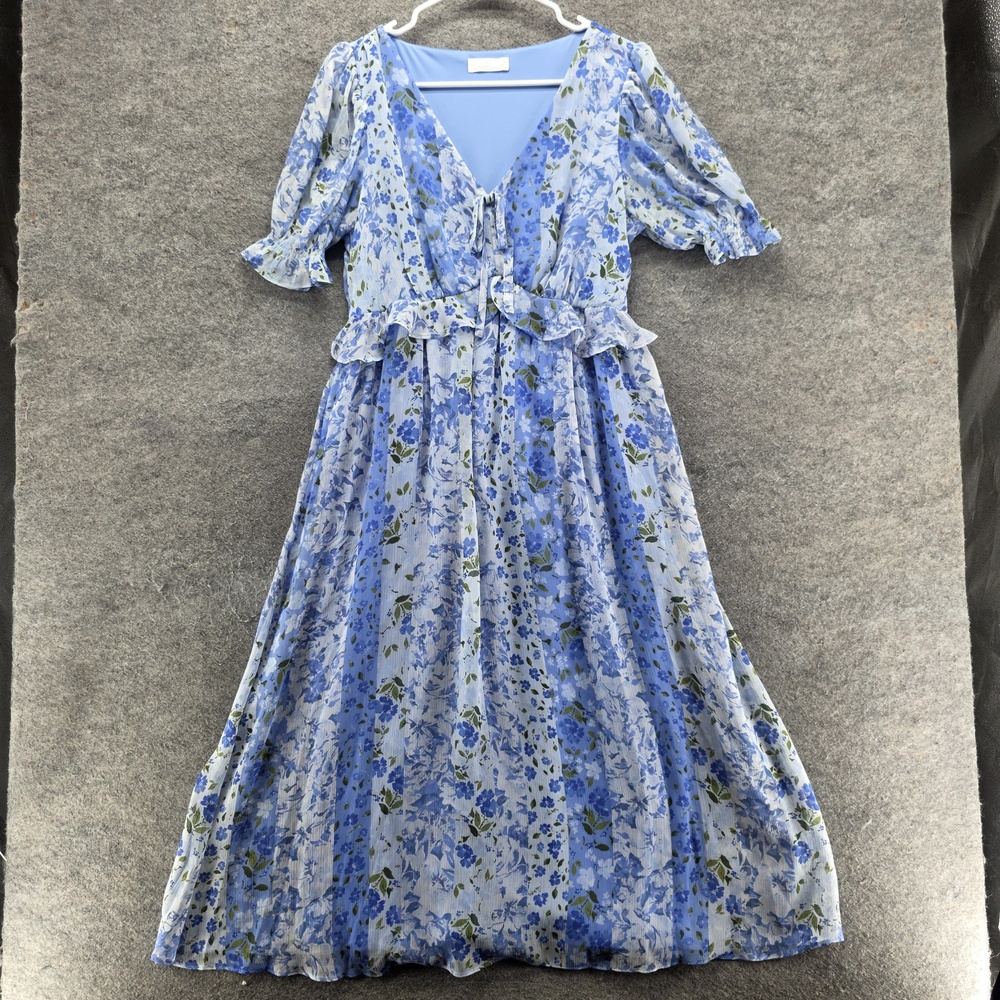 Lauren Conrad Dress Womens M Blue Floral Midi Fit & Flare Ruffle Chiffon Lined